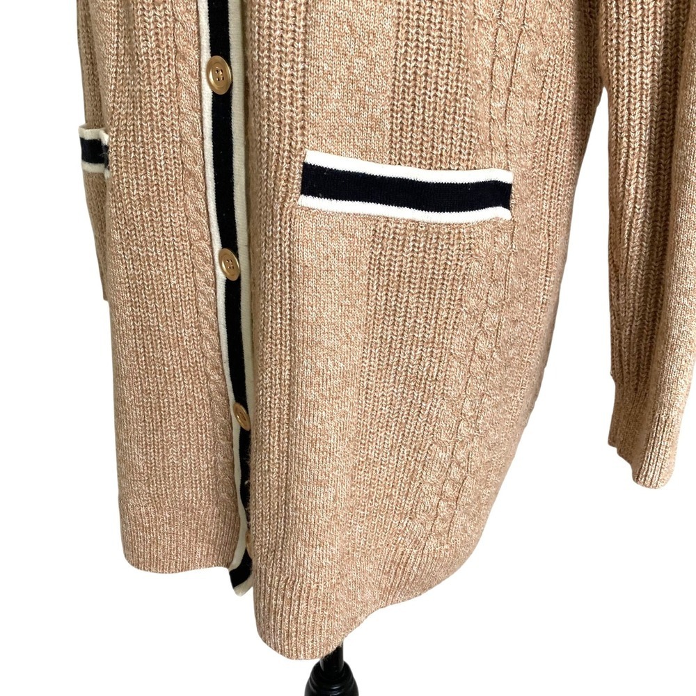 Talbots Cable Knit long Cardigan Sweater Size M Button down Cotton Preppy Tipped - Picture 7 of 17
